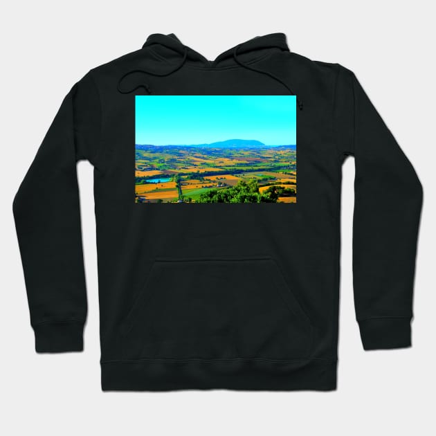 Scene in Montelupone with Marche landscape, various fields, a body of water, human settlement and Monte Conero Hoodie by KristinaDrozd